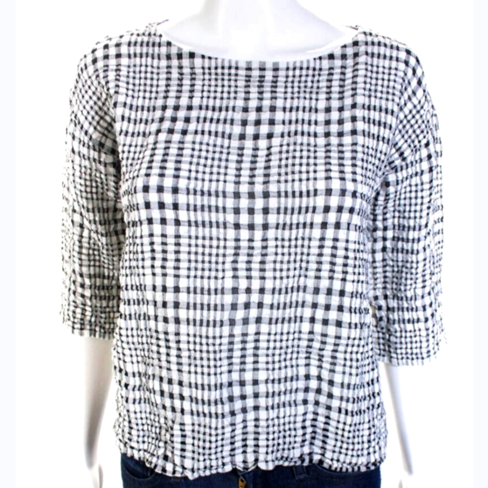 Eileen Fisher Boxy Linen Top Windowpane Check WhiteBlack Size LG Petite